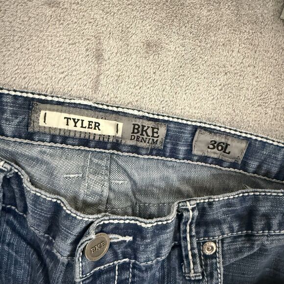BKE Tyler Jeans Men 36L (Inseam 32) Blue Stretch Denim Buckle Thick Stitch - Picture 3 of 9